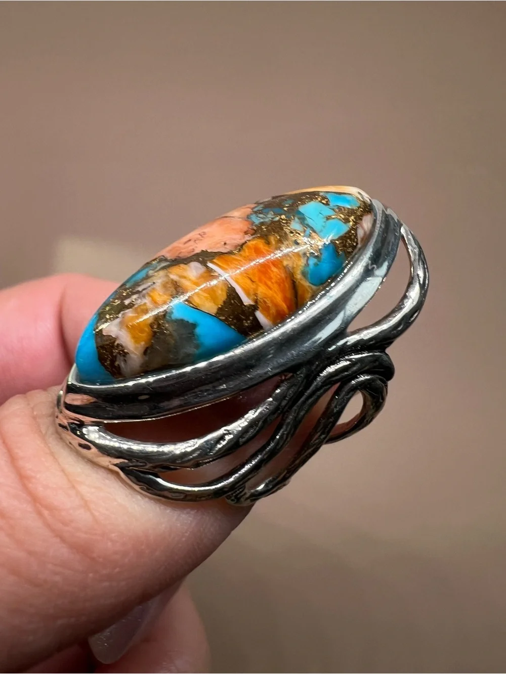 Oyster Copper Turquoise composite Sterling silver statement ring
